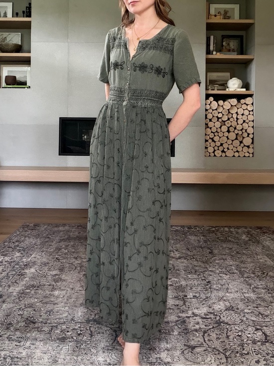 Vintage Dresses & Skirts - Vintage Fairycore Olive Green Embroidered Maxi Dress small to medium